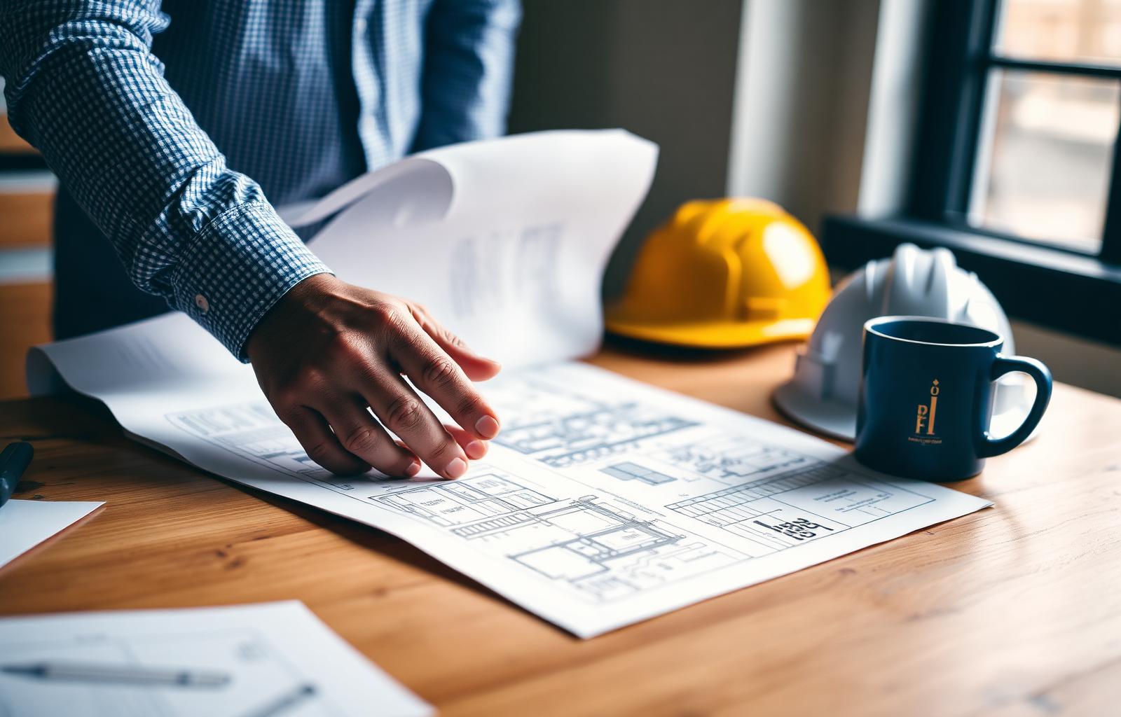 Site manager reviewing construction drawings