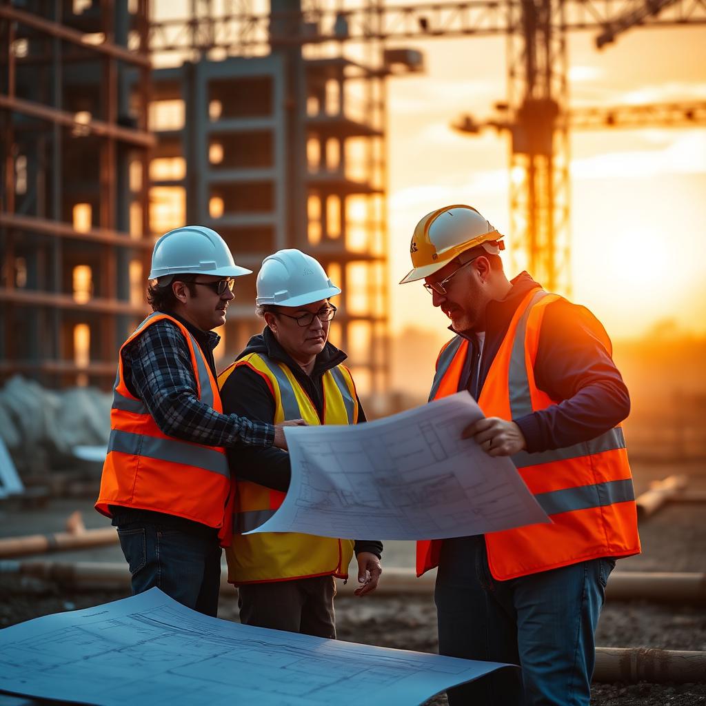 Site team reviewing drawings at sunrise