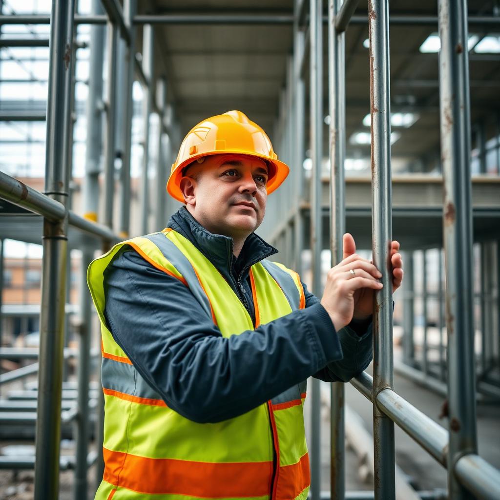 Safety officer inspecting scaffold on a tidy live site