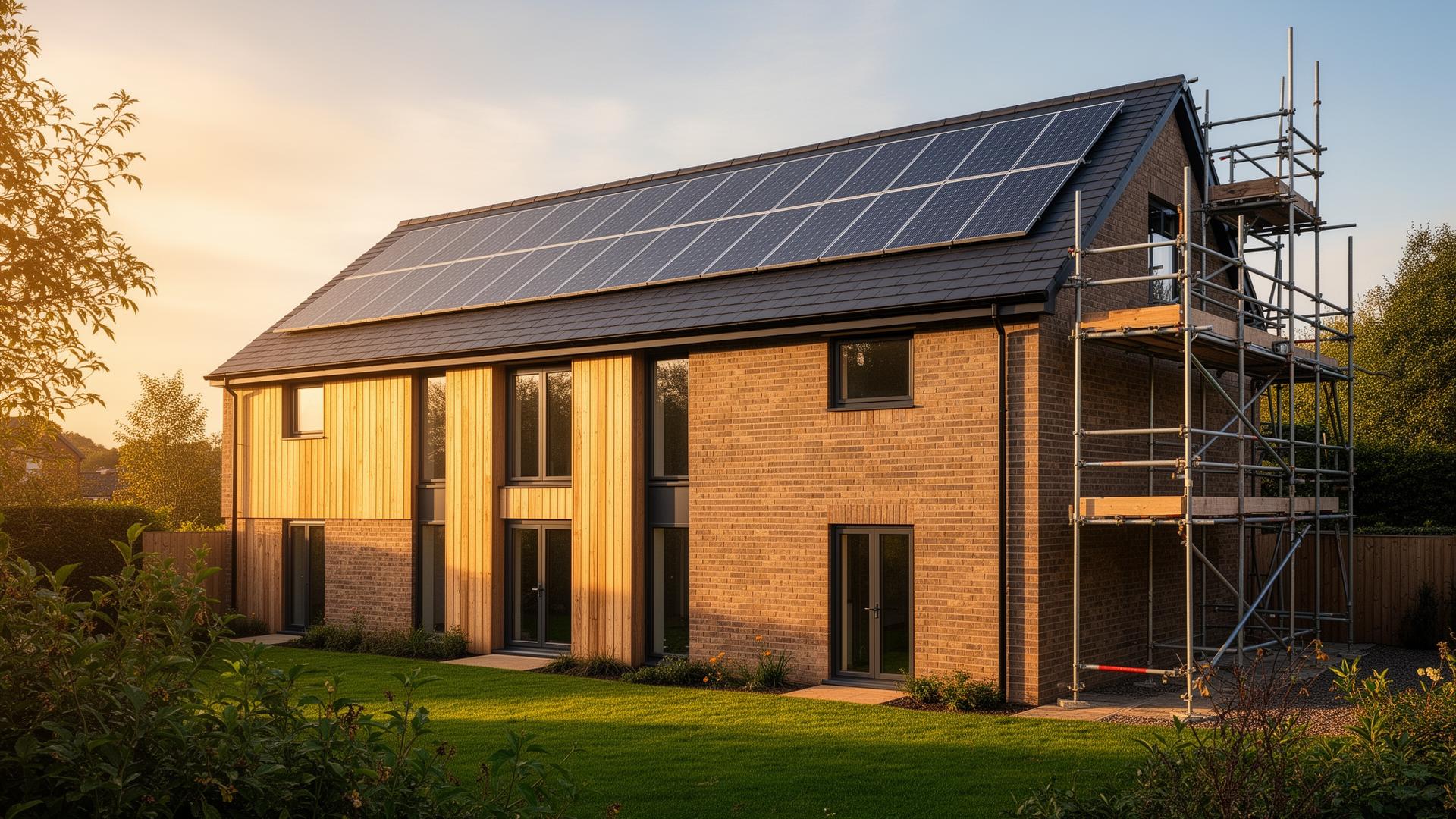 Completed sustainable home with slate roof tiles and flush-mounted solar panels
